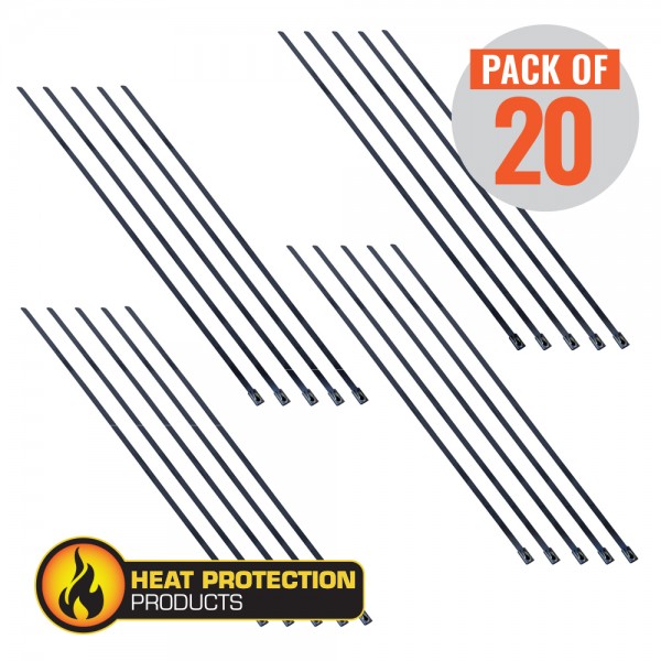 Exhaust Wrap Stainless Black Locking Ties 4.5mm x 400mm (16 Inch) Long Heavy Duty Qty 20