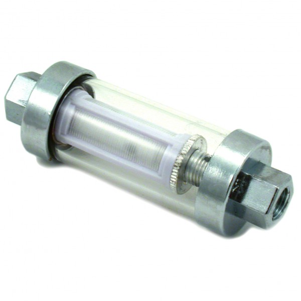 Universal Clear View Fuel Filter Chrome Diecast with 1/4, 5/16 + 3/8" fittings