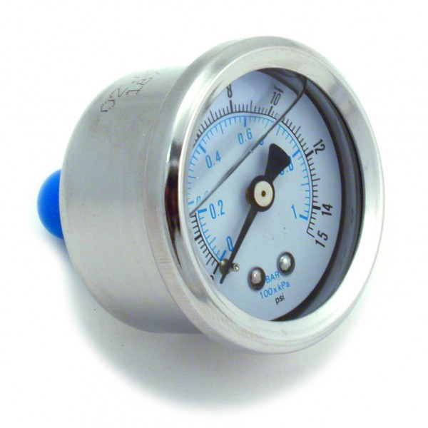 Fuel pressure gauge Liquid Filled 0-15 lbs, 1-1/2 inch diameter, chrome bezel