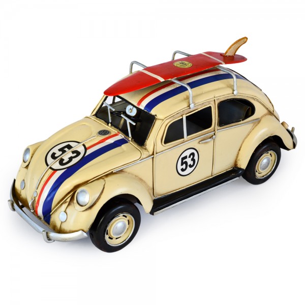 Automobelia Metal Collectable VW Beetle 53 with Surfboard Ornament - Cream