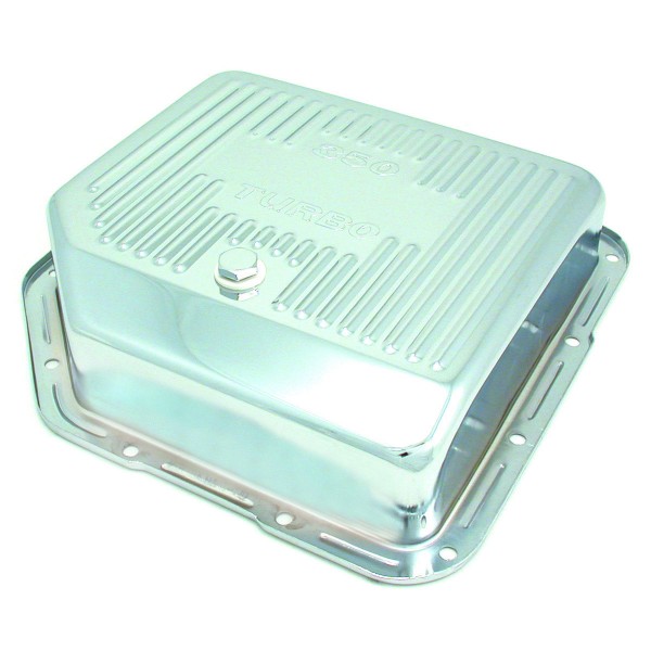 Transmission Pan GM Turbo 350 3-1/2" Deep Chrome Steel Finned with Drain Plug