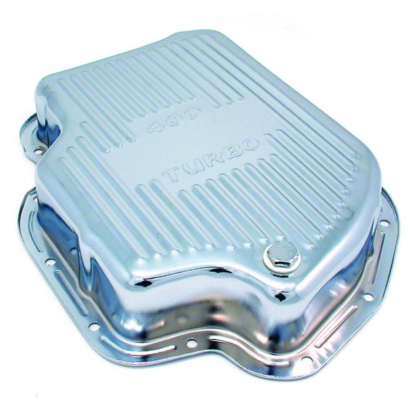 Transmission Pan GM Turbo 400 3" Deep Chrome Steel Finned with Drain Plug