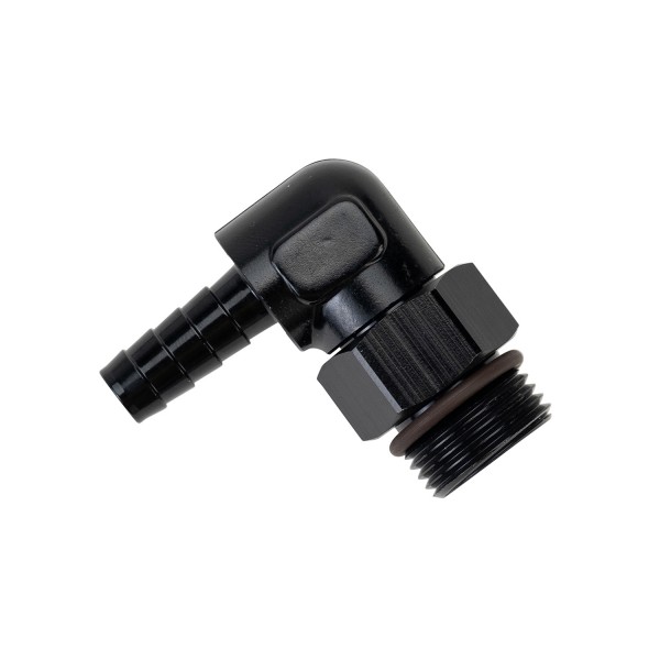 Aluminum Cooler/Adapter Fitting 90 7/8-14 UNF x 3/8" Barb Derale