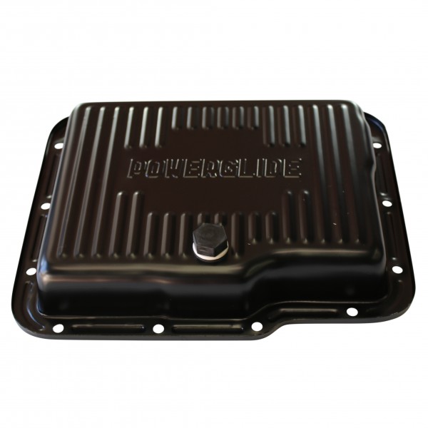 Transmission Pan GM Powerglide OEM 2" Depth Black Steel Finned with Drain Plug