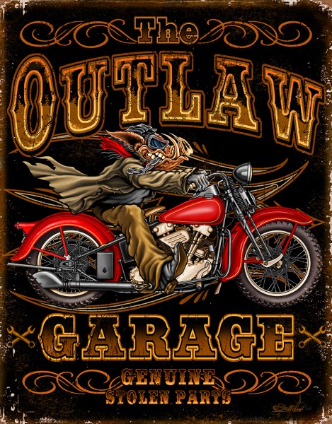 Outlaw Garage Metal Sign Reproduction 32cm x 41cm
