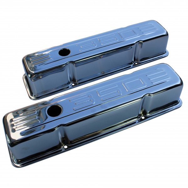 Valve Covers Chrome Chevrolet Sm Blk 283-400 Motor 350 Logo 1955-79 Baffled-pr