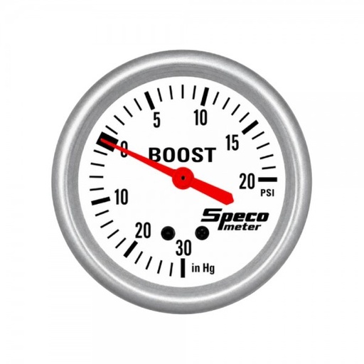 [537-03] 2-5/8" Mechanical 30 Hg to 20 PSI Boost Gauge - White Dial Silver Bezel