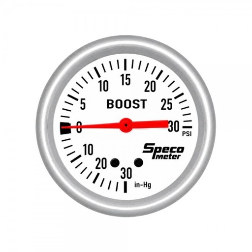 [537-04] 2-5/8" Mechanical 30 Hg to 30 PSI Boost Gauge - White Dial Silver Bezel