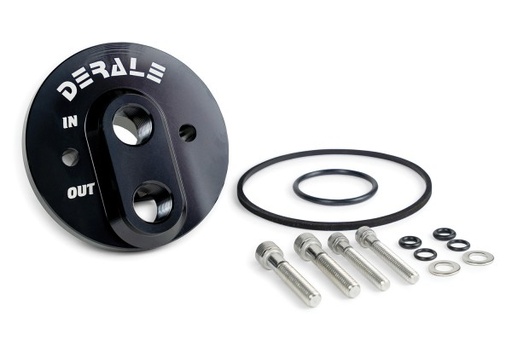 [35760] Black Derale Billet GM V8 Engine Bolt-On Oil Adaptor with 1/2" NPT Ports