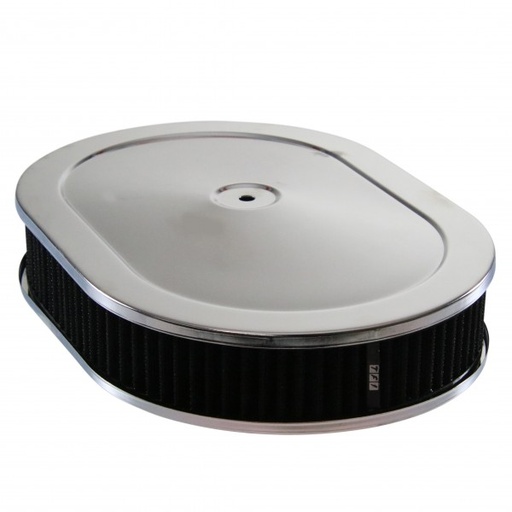 [40877] Oval Chrome Steel Air Cleaner 12" x 2" Holley Edelbrock Quadrajet Black Element
