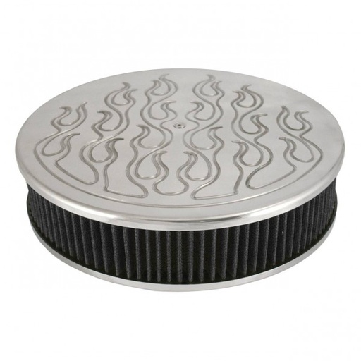[49151] Flamed Aluminium Air Cleaner 14" x 3" Holley Edelbrock Rochester Black Filter