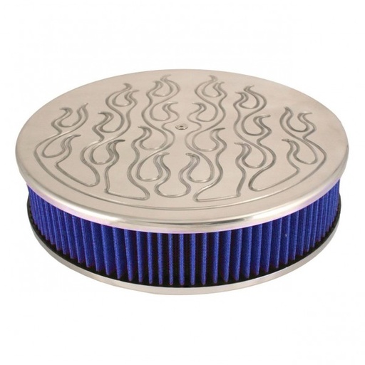 [49156] Flamed Aluminium Air Cleaner 14" x 3" Holley Edelbrock Rochester Blue Filter