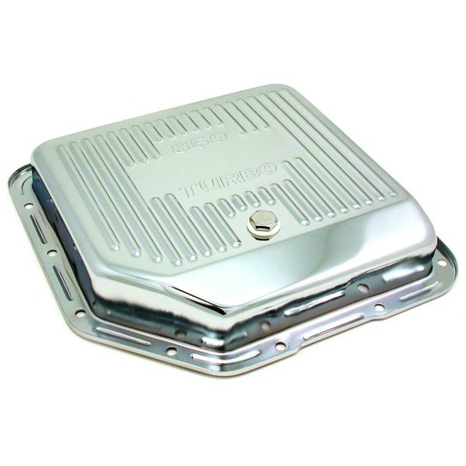 [5450S] Transmission Pan GM Turbo 350 OEM Height Chrome Steel Finned with Drain Plug