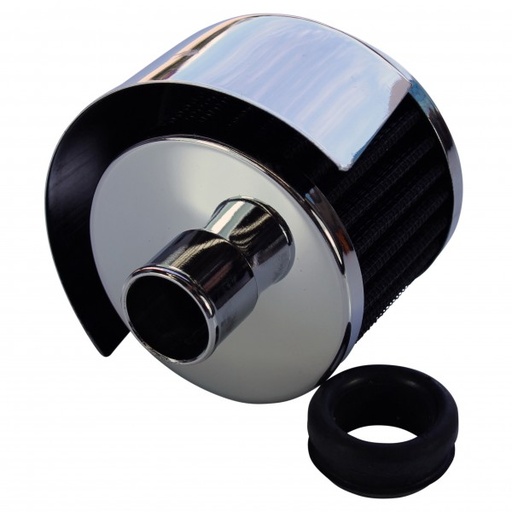 [66-005] Valve Cover Breather Cap Push In 1"(25mm) Neck Shield Chrome Black Element Gromm