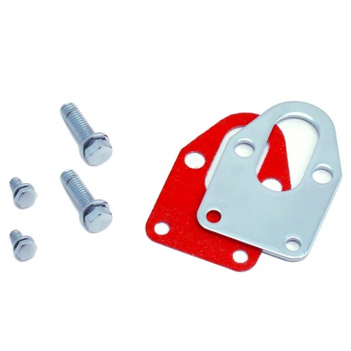 [66-212] Chevrolet Small Block Chrome Fuel Pump Mounting Plate with Bolts + Gkt