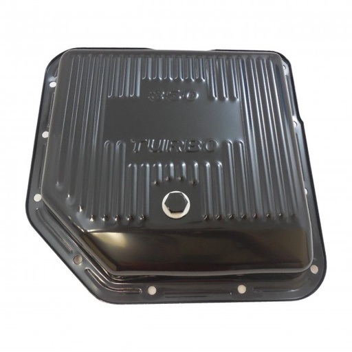 [66-548] Transmission Pan GM Turbo 350 Finned Black 2" Standard OEM Depth with drain plug