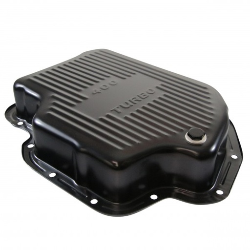 [68-567] Transmission Pan GM Turbo 400 3" Extra Deep Black Steel Finned with Drain Plug