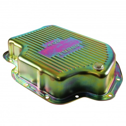 [68-568] Transmission Pan GM Turbo 400 3" Extra Deep Zinc Steel Finned with Drain Plug