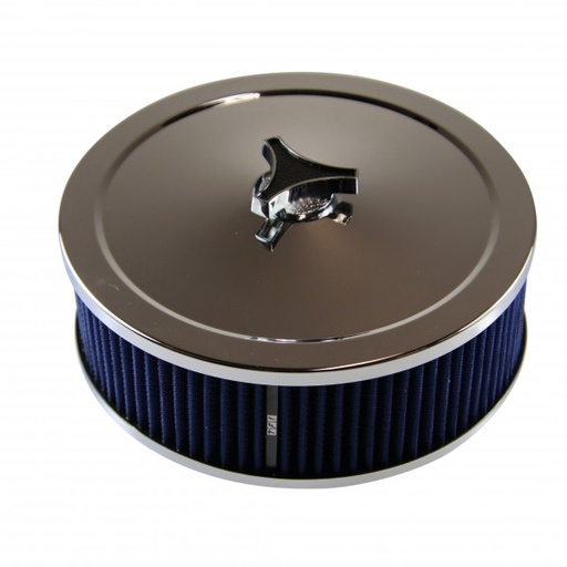 [69-605] Chrome Air Cleaner 9" Wide x 3" Tall Holley Edelbrock Carburettor Blue Element