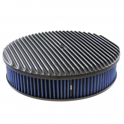 [69-713] Black Alloy Full Finned Air Cleaner 14" x 3" Holley Edelbrock Blue Cotton Filter